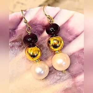 Natural Ruby + White Pearl In Minimalist And Divine Gold Plated Earrings